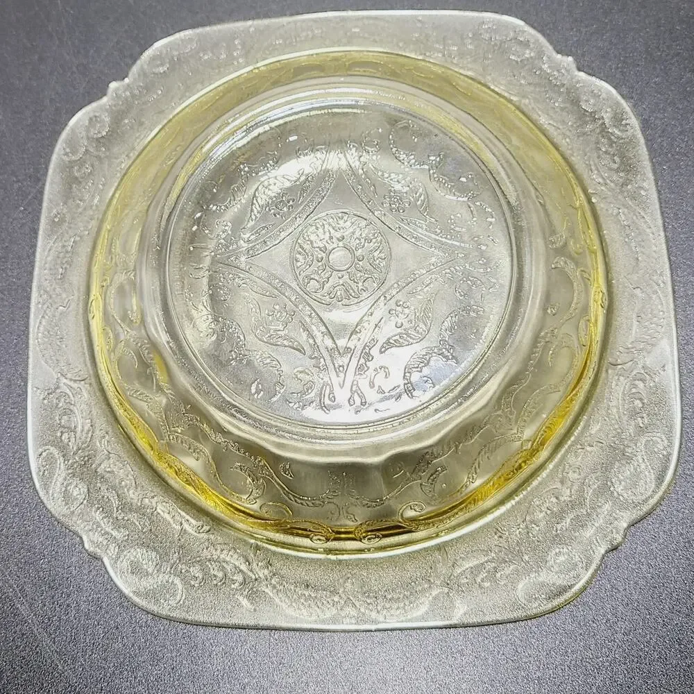 AMBER YELLOW DEPRESSION GLASS FEDERAL MADRID Square Jam Dish  7